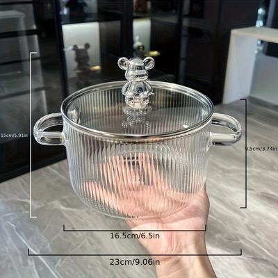 Vielseitiger hitzebeständiger Kochtopf aus Glas mit Deckel – perfekt für Nudelsuppen und Babynahrung. Herdsicher und leicht zu reinigen.