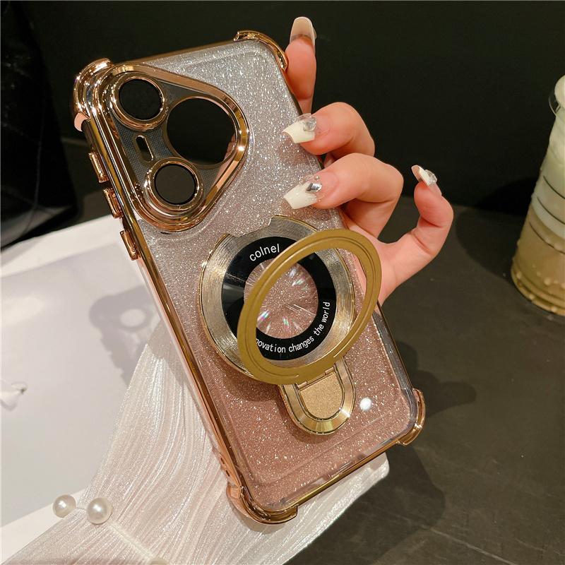 Glitter Plating For Magsafe Magnetic Stand Phone Case For Huawei Pura 70 Ultra P50 P40 P30 Pura70 Pro Plus Lens Protective Cover