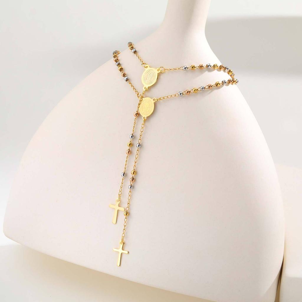 Vnox Stainless Steel Three Colors Beads Necklace Religion Saint Benedict Virgin Mary Necklaces Long Chain Collier Jewelry