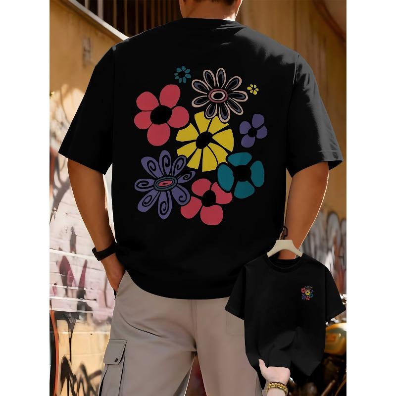 

Men S Stylish Casual T-Shirt Featuring a Colorful Floral Pattern on The Back, Made from Comfortable, Slightly Stretchy Fabric, Suitable for Sports S чёрный