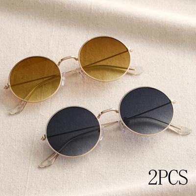 2 pary w zestawie Małe Okrągłe Okulary Przeciwsłoneczne Damskie Urocze Cienkie Metalowe Oprawki Retro Vintage Wąskie Okulary Przeciwsłoneczne Kocie Oczy Zestaw