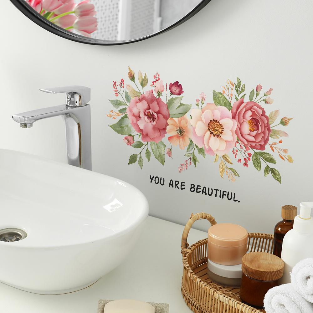 Fresh Peony Flower Bed Bathroom Decoration and Beautification Wall Stickers