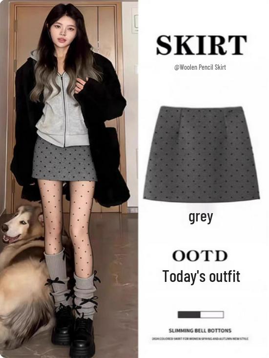 Gray Woolen Polka Dot A-line Short Skirt for Women - Winter 2026 Style S