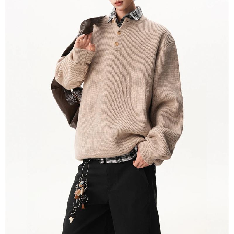 American Retro Henley Collar Button Sweater Men Women Winter Loose Slouchy Long Sleeve Base Pullover Knitwear