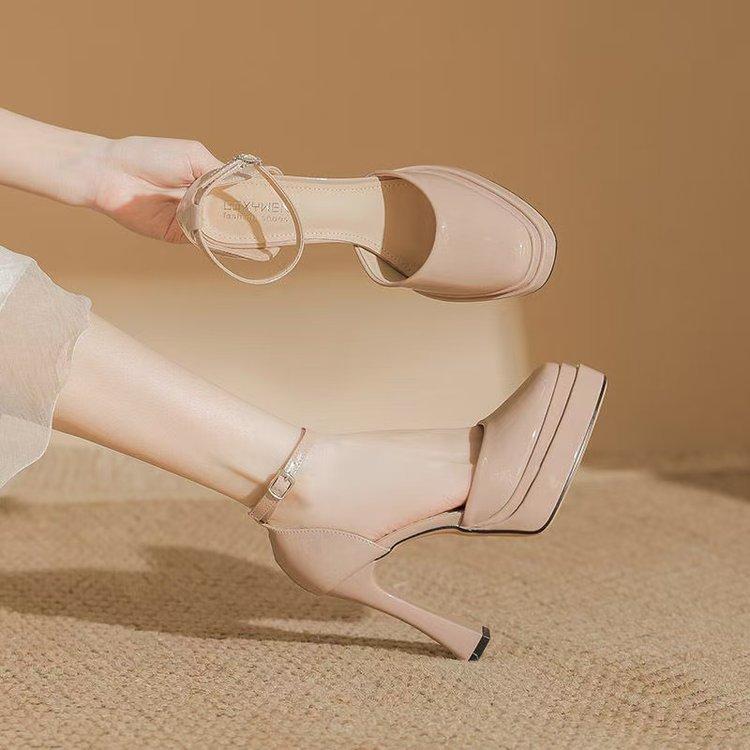 

catwalk sandals female Mary Jane waterproof desk bag head hollow one-word buckle with thick-soled thick heel beige high heels 42