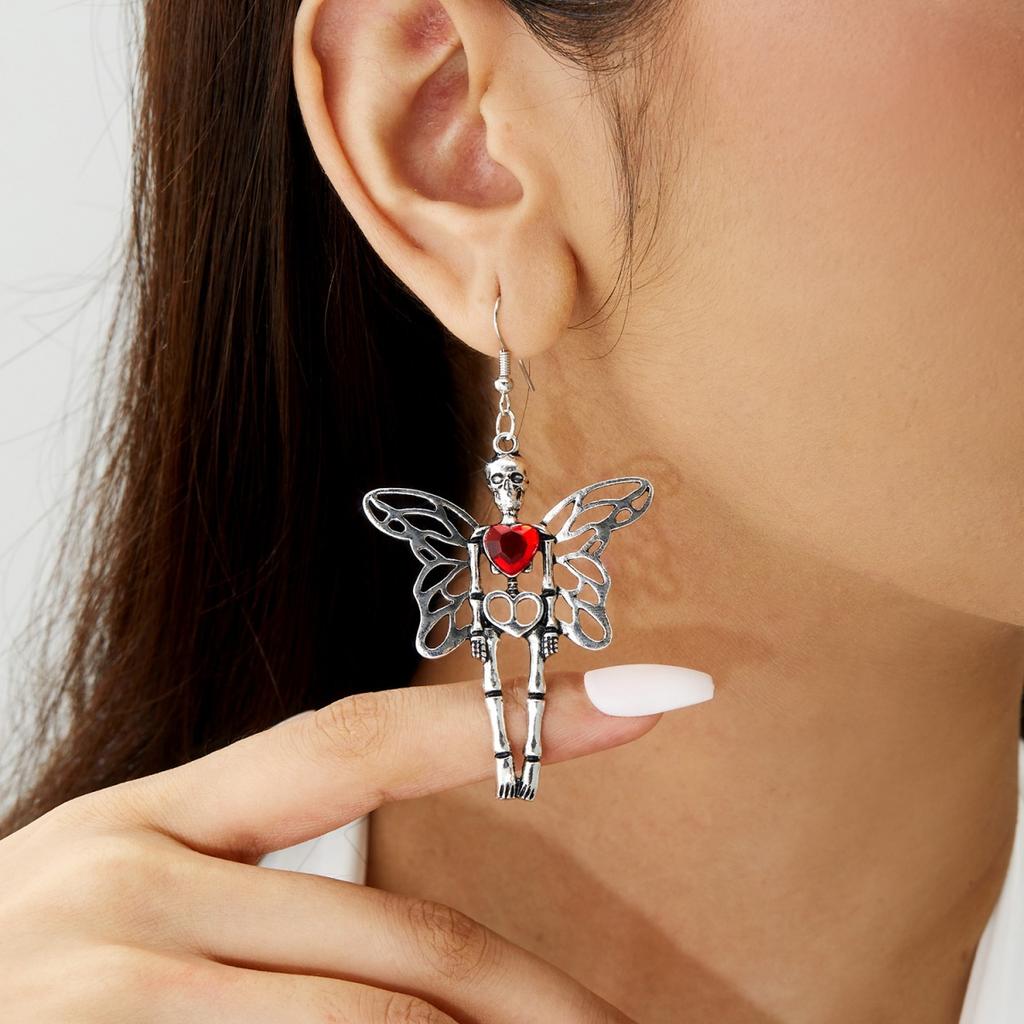 Halloween Red Heart Hollow Metal Butterfly Wing Skeleton Bone Drop Earrings Skull Dangle Earring For Women Men Gothic Jewelry