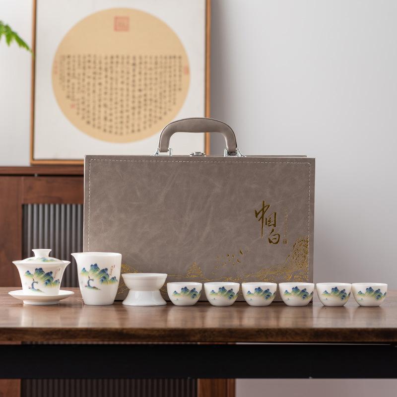 Suet jade white porcelain kung fu tea set thousand miles Jiangshan cover bowl ceramic set gift box home business souvenir gift