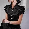 Women Shirt Lapel Ruffle Short Sleeve Single Breasted Shirt Tops Pure Color Smooth Satin