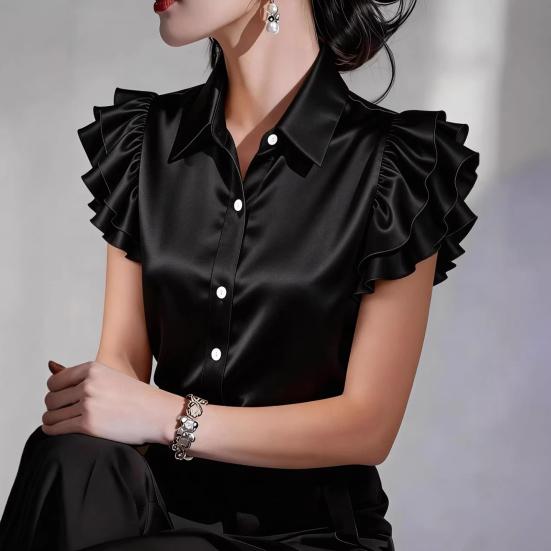 Women Shirt Lapel Ruffle Short Sleeve Single Breasted Shirt Tops Pure Color Smooth Satin