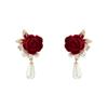 2025 New Wine Red Velvet Rose Pearl Earrings for Women Vintage Red Rose Elegant High-end Studs Earrings Jewelry Accessories