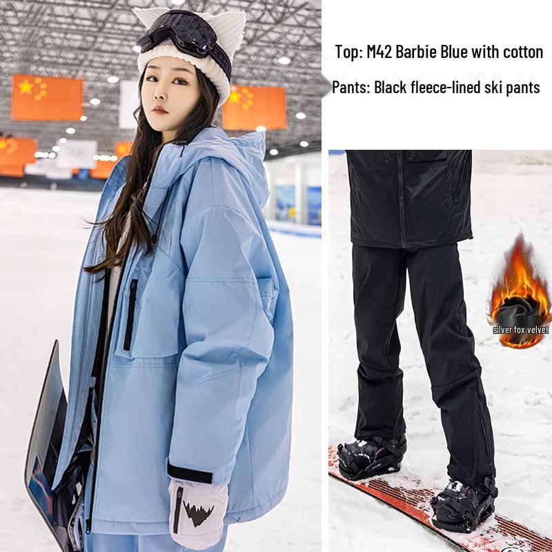 Ski Resort's Trendy Waterproof & Windproof Ski Suit Set for Men & Women, Fleece-Lined, Thickened, Plus Size, Warm
