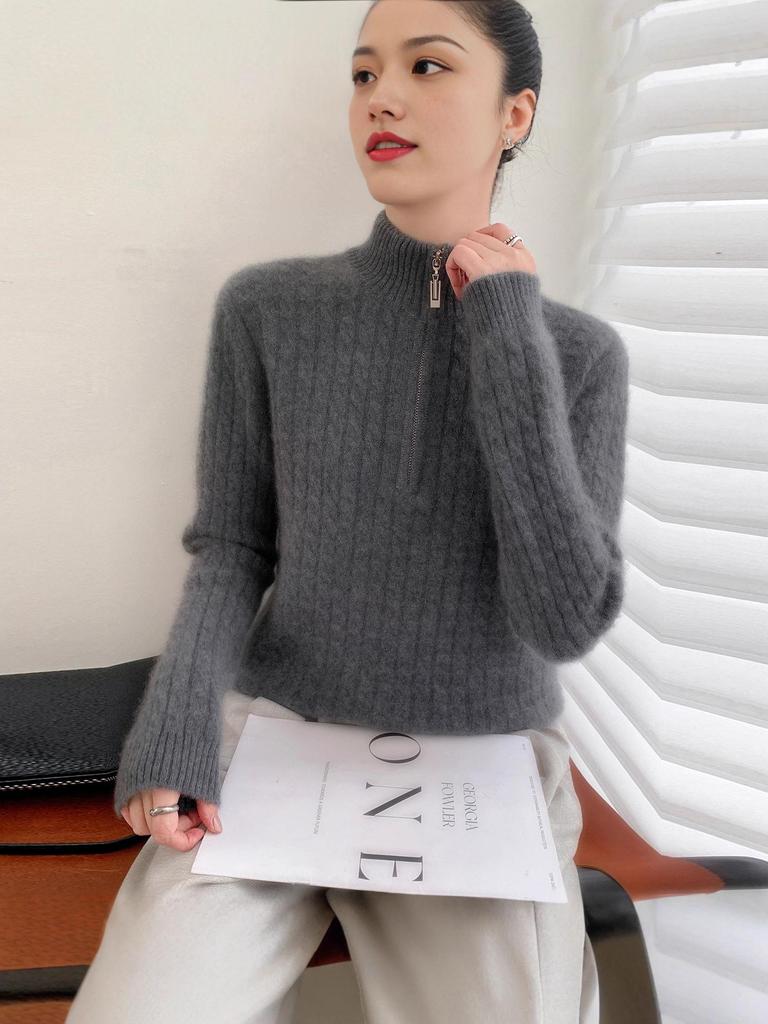 Women's 100% Wool Cable Knit Sweater: Autumn/Winter Seven-Stitch Thickened Half-High Collar with Half-Zip & Long Sleeves
