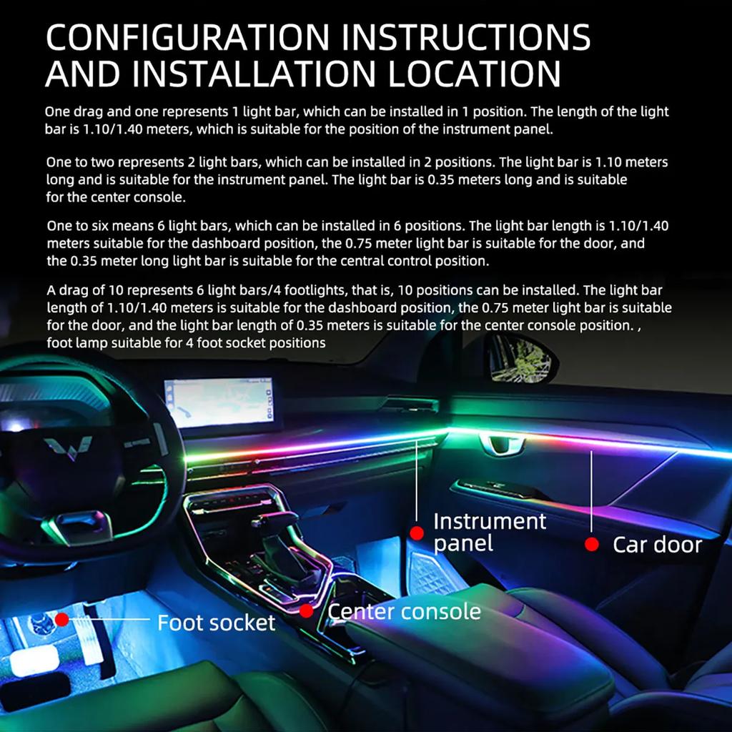 Car Ambient Lights 10 in 1 Footwell Universal RGB Atmosphere Lamps USB APP Remote Cigar Lighter for Tesla Model 3 Y S X