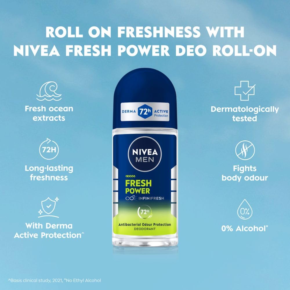 NIVEA Men Fresh Power Underarm Roll-On 50Ml |72 H Long Lasting Freshness | Fights Bacteria And Body Odour | Fresh Musk Fragrance