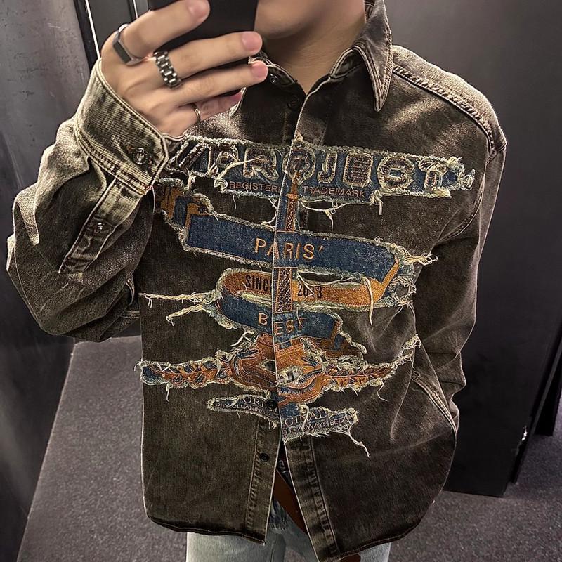 2025 New Style Distressed Embroidery Denim Jacket - Washed Long-Sleeve for Spring/Autumn