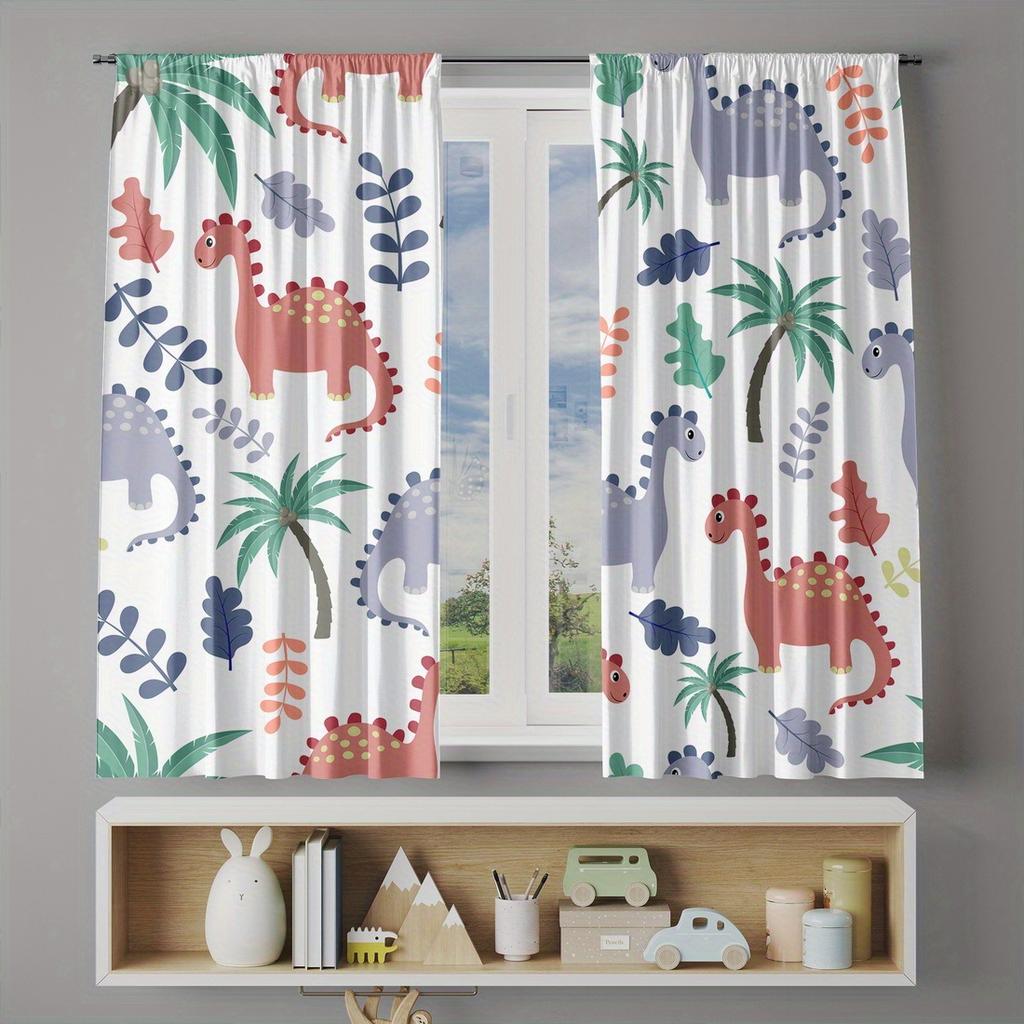 2pc Cartoon dinosaur print window decoration   polyester fabric machine washable   suitable for bedroom and living room decoration