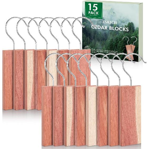 ESRICH Cedar Blocks for Clothes Storage,15 Pack with Metal Hooks,100% Natura Cedars Wood for Closets,Cedars Planks with Sandpaper,Cedar Chips for 0.14 Ounce (Pack of 15)