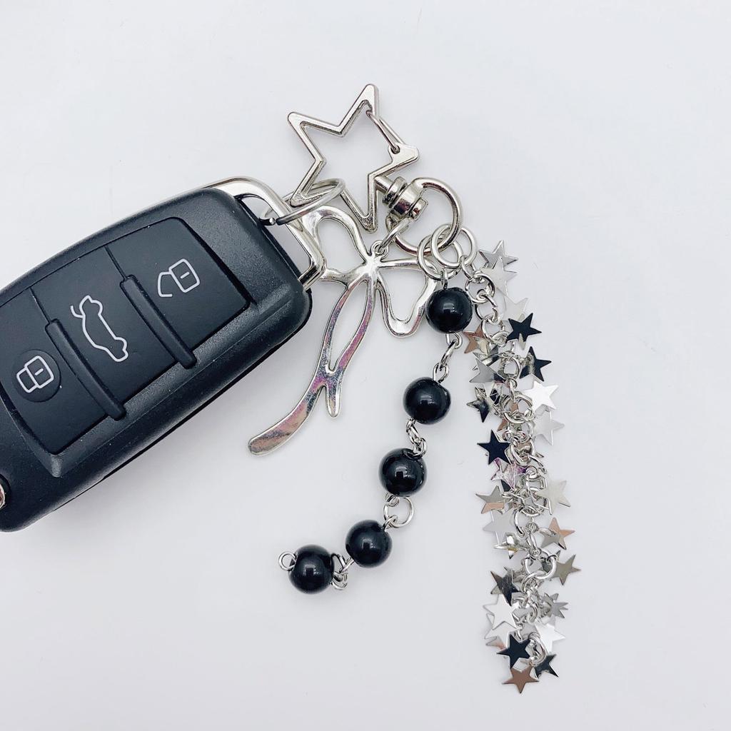 Stylish Star Tassels Bowknot Beaded Keychain Hanging Key Ring Handmade Phone Chain Accessories for Women and Teens