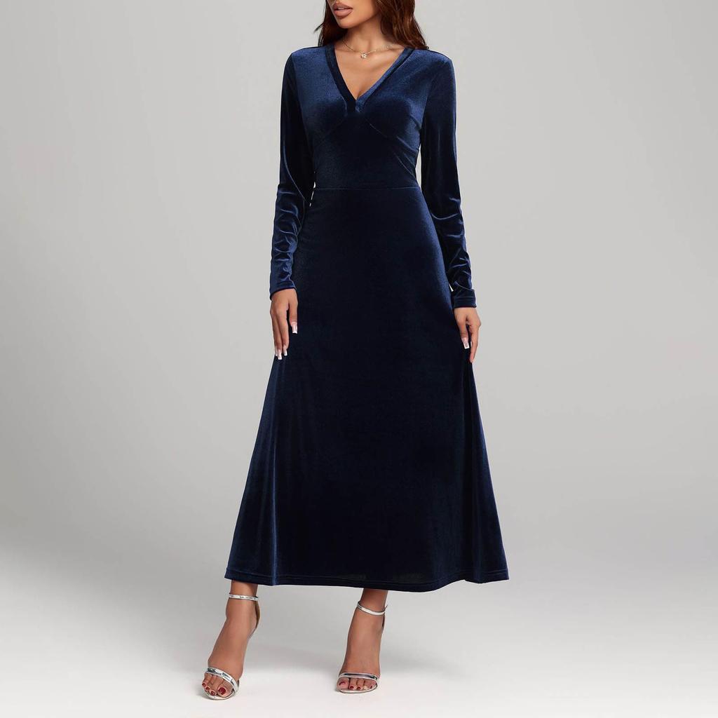 Women's Fashion Casual V-neck Velvet A-line Dress With Elegant Long Sleeves, Solid Color