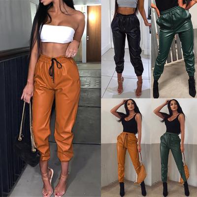 Fashion Women Faux Leather High Waist Elastic Trousers Casual Streetwear Pants