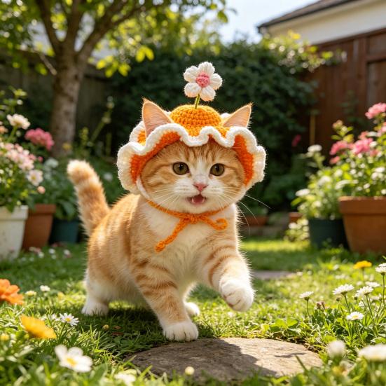 Crochet Flower Cat Hat Handmade Scalloped Pet Hat with Flower Ear Holes Cute Flower Hat for Small Medium Dogs Cats Party Photo Props