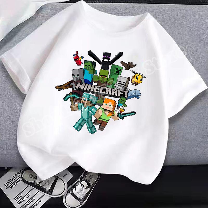 Miner Crafted Child Round Neck Cotton T-Shirt Game Themed Print Short Sleeve Top Casual Tees for Boys Summer Clothing Kids Gifts