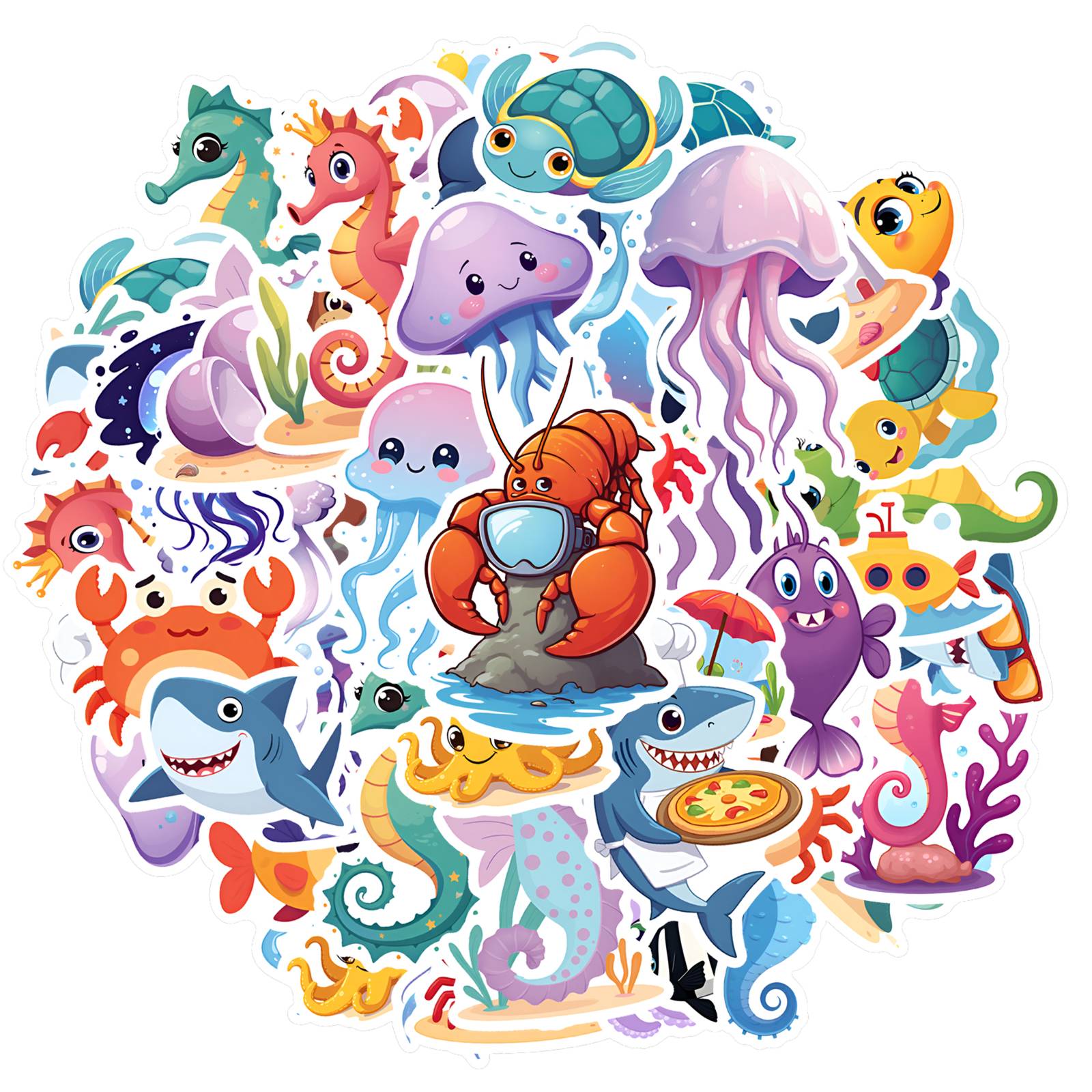 35pcs-50pcs Cute Underwater Animals Stickers Whimsical Sea Creatures Stationery Stickers DIY Stickers For Suitcase Fridge Phone