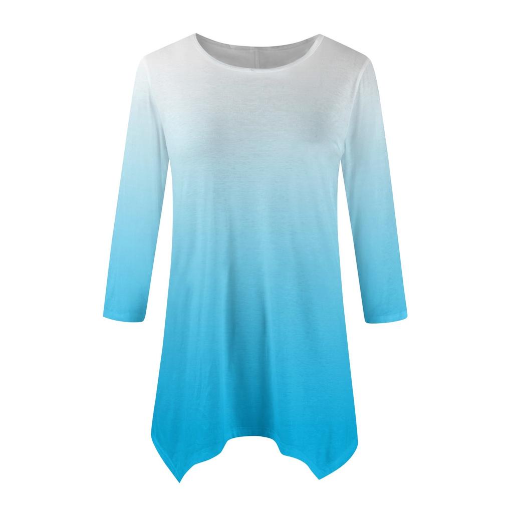 Women's Fashion Casual Crew-neck Gradual Print Seven-point Sleeve Shirt Belted Loose Comfortable Top