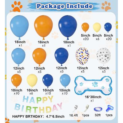 Ouddy Life 128Pcs Blue Balloons Garland Arch Kit, Blue Orange Bone Themed Birthday Party Supplies with Happy Birthday Banner Foil Paw Print Latex