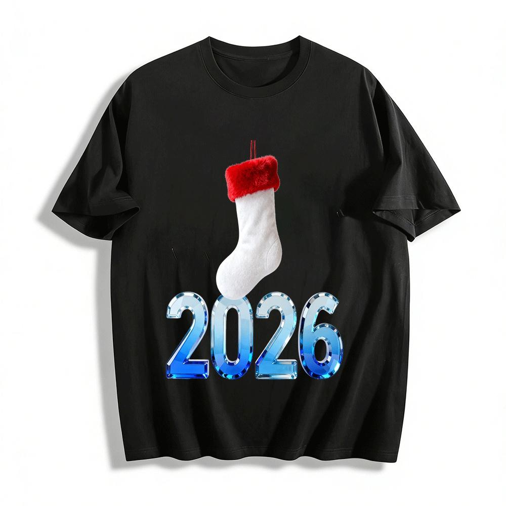 

2026 New Year Christmas Stocking Graphic Casual Top Pure cotton T-shirt XXS