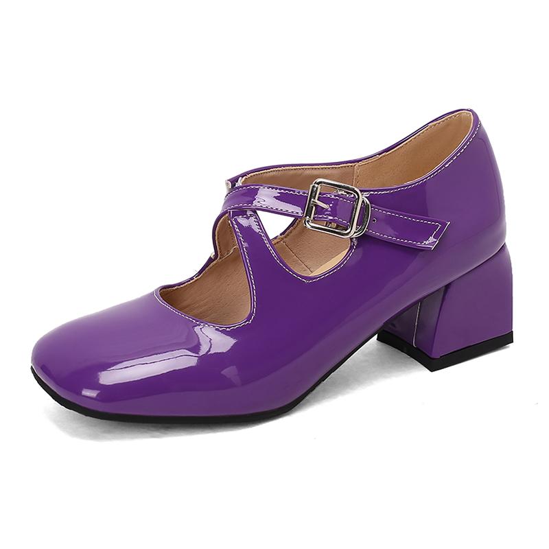 Women Mary Jane Pumps Patent Leather Lolita Shoes Med Heels Chunky Style 2025 Cross Strap Decor Comfort Square Toe Footwear