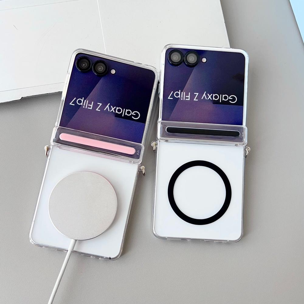 Transparent Frosted Magnetic Wireless Charging Hinged Phone Case For For Samsung Z Flip 7 5G Ultra Thin Shockproof Protection Cover