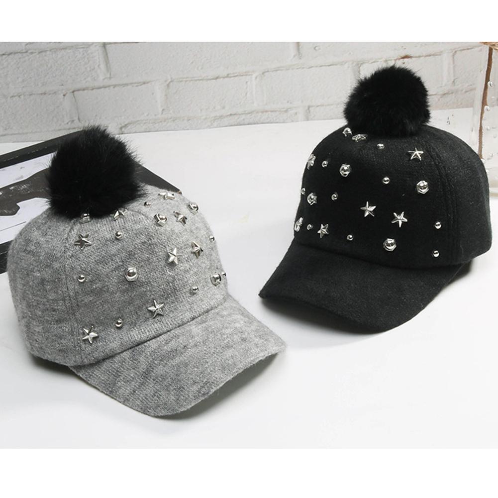 Fashion Rivets Kids Baseball Cap Winter Warm Cute Fluffy Ball Cold-Proof Hat Birthday Christmas Gifts