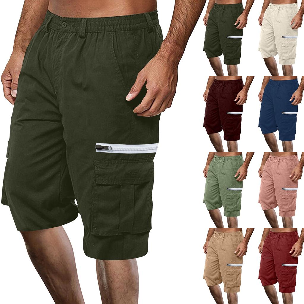 Men's Summer Multi-Pocket Cargo Shorts Casual Summer Hiking Shorts Elastic Waist Shorts