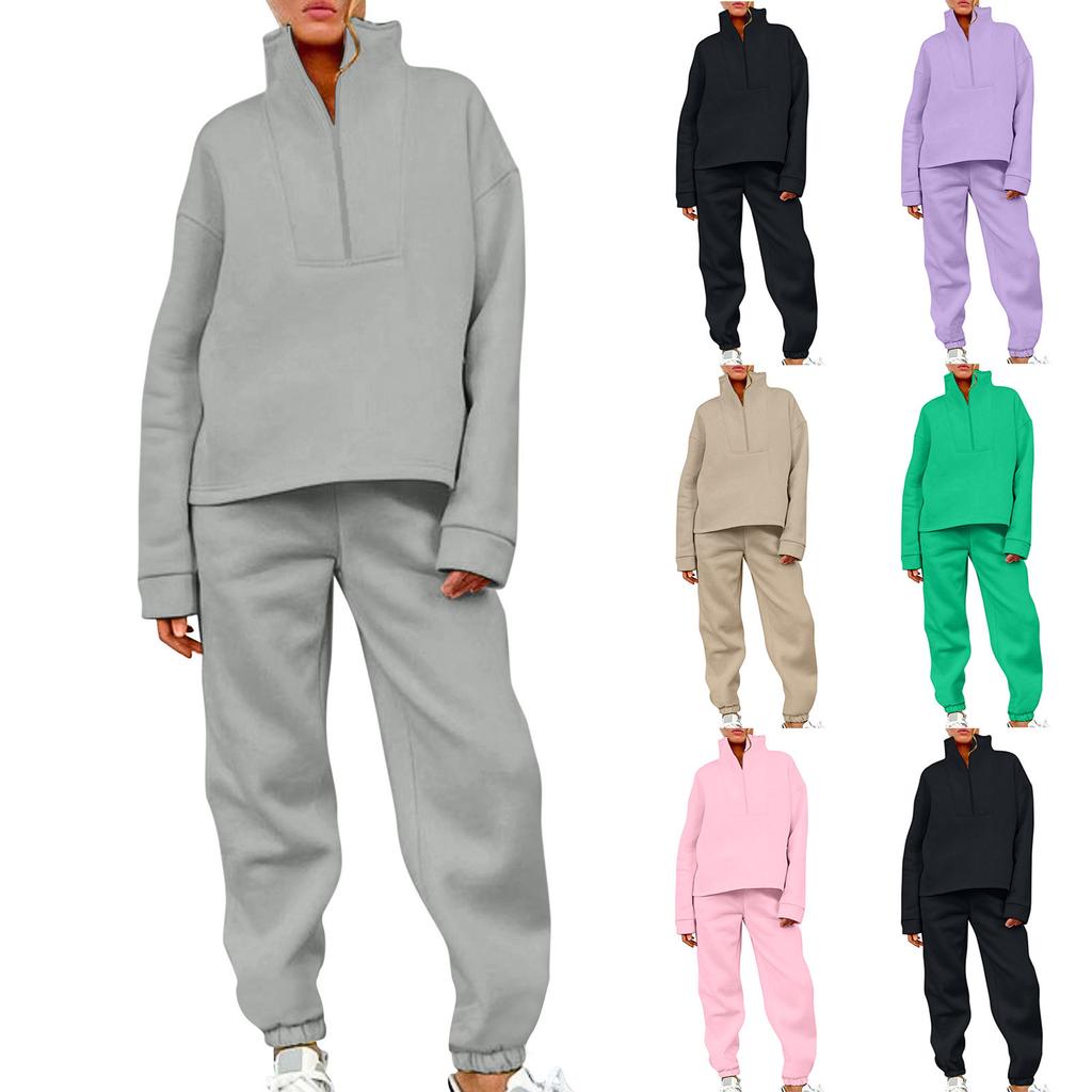 Summer Women's Color Long-sleeved Top Casual Elastic Zipper Pocket Trousers Sports Exercise Casual Loose Soft Two-piece Suit