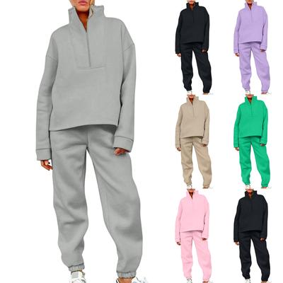 Summer Women's Solid Color Long-sleeved Top Casual Elastic Zipper Pocket Trousers Sports Exercise Casual Style Loose Soft Two-piece Suit