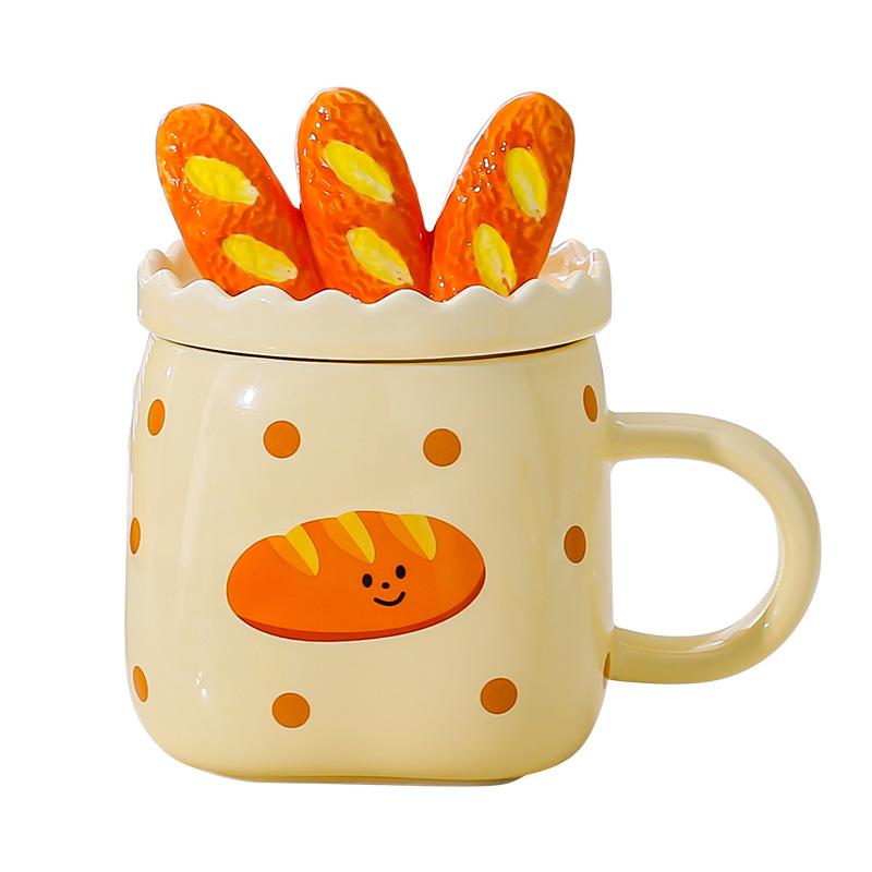 Japanese Creative Ceramic Mug Bread Bag Cup Couple Cup Water Cup with Lid Spoon Coffee Cup Breakfast Milk Cup
