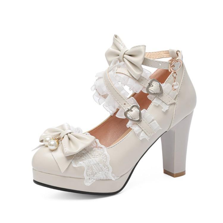 

New Supply Sweet Bow Lolita Lace Candy Shoes Coarse High Heel Shoes 39 бежевый