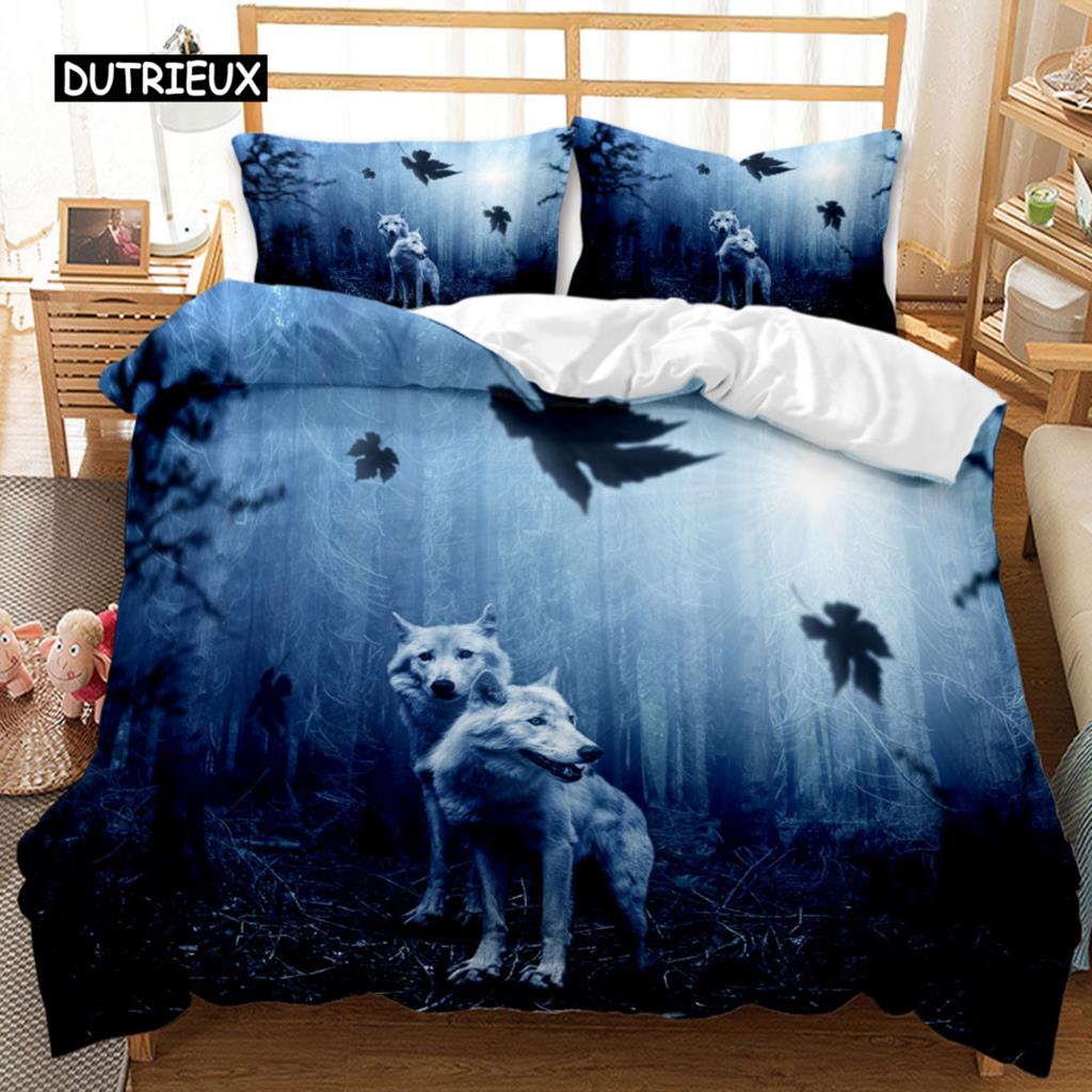 Wolf Duvet Cover Set 3D Animal Theme Bedding Set Retro Cool Wild Wolf Blue Sky Double Queen King Size Soft Polyester Qulit Cover