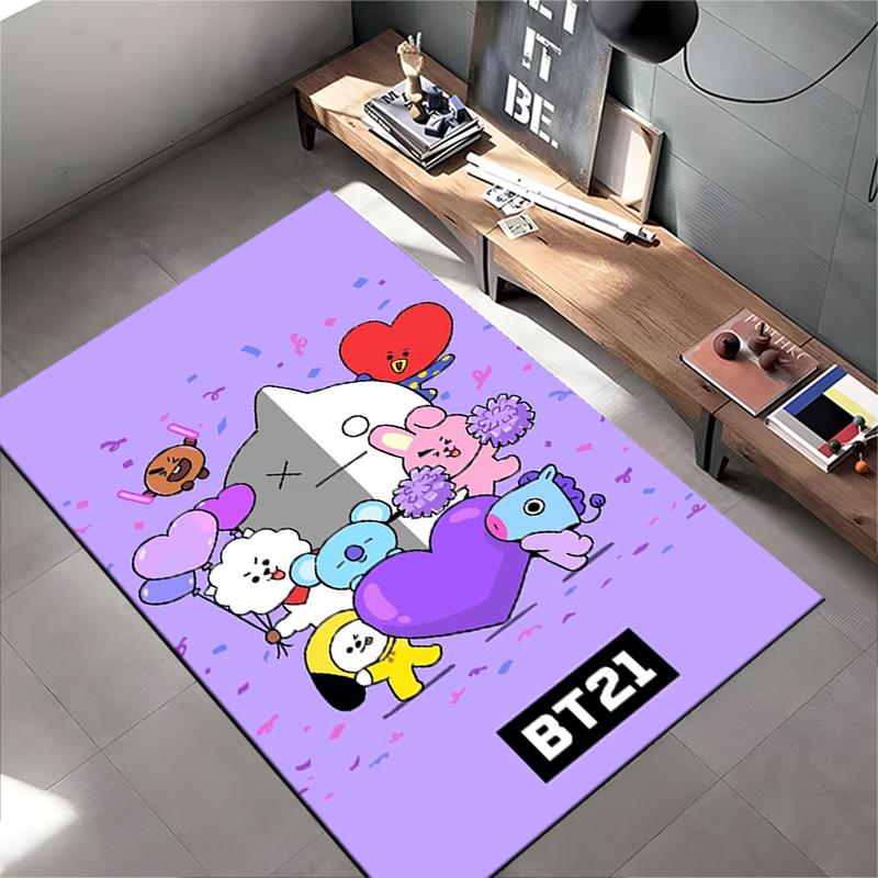 BT21 Cartoon Characters Carpet with Cute Purple Design for Living Room Suitable for Use As an Anti-slip for Living Room Bedroom Sofas