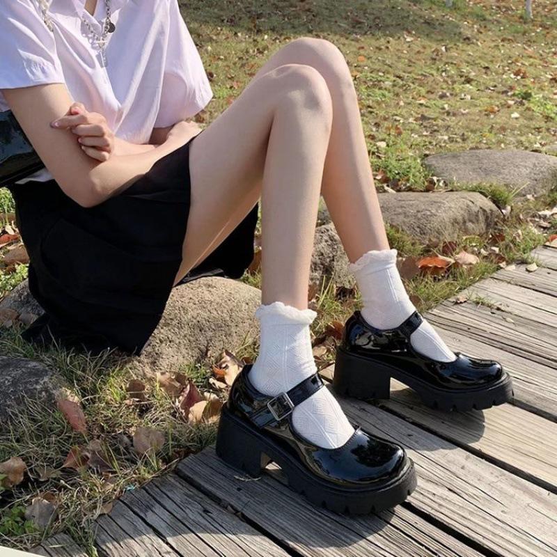 High Heels Mary Jane Shoes Heightened Platform Single Shoes Women'S Round Toe British Style Small Leather Shoes Uniform Shoes Loafers