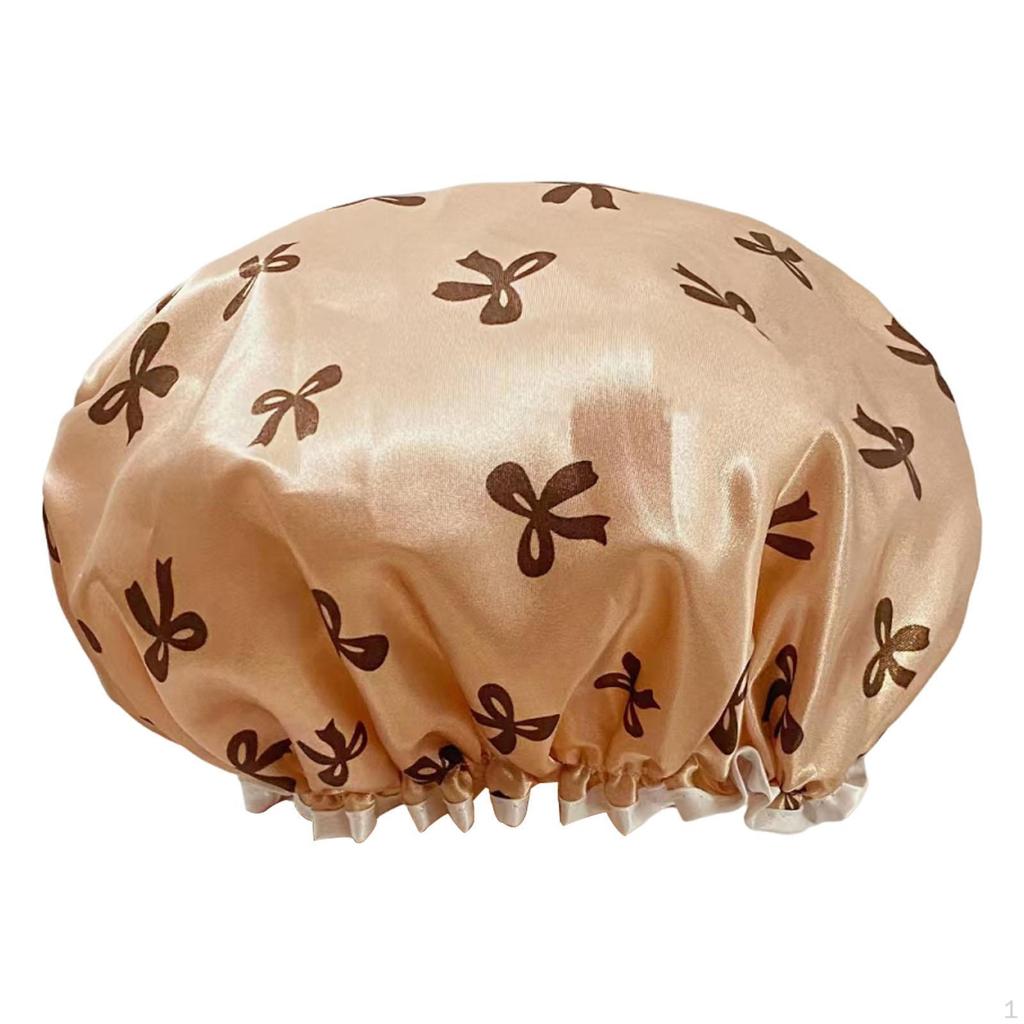 Double Layer Satin PVC Waterproof Reusable Shower Cap with Bow for Women Suitable Shower, Bath,