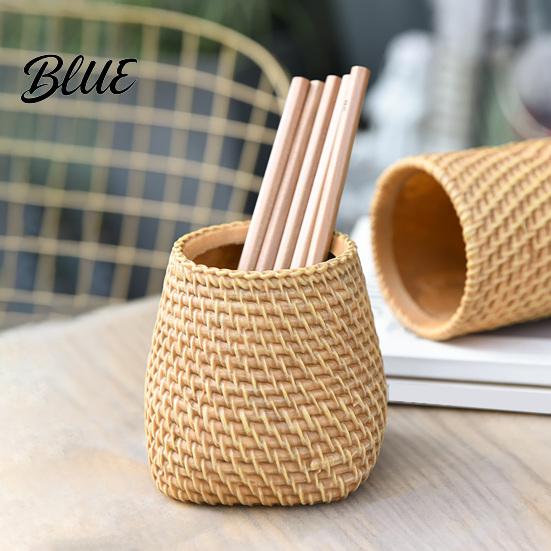 Pencil Organizer Faux Rattan Pen Holder Woven Style Makeup Brush Boho Container