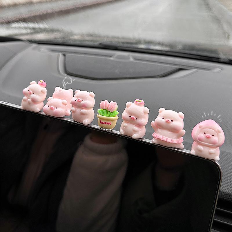 1 Set Cute Car Ornaments Cartoon Resin Piggy Model Car Center Console Decoration Auto Interior Dashboard Accessories