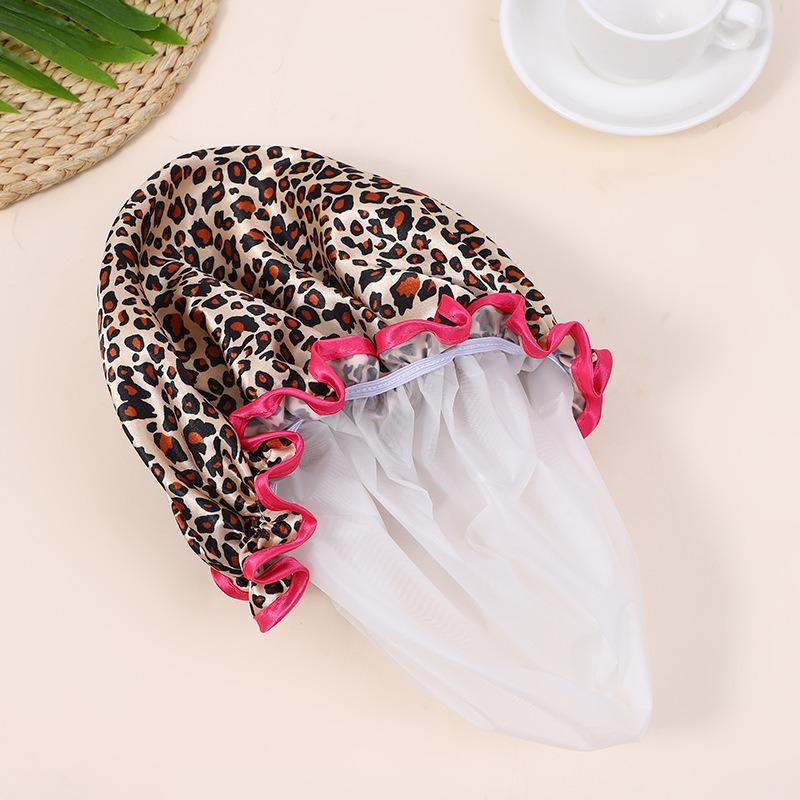 1PC Waterproof Shower Cap Double Layer Elastic Shower Hair Cover Reusable Wave Point Leopard Print Shower Cap Bathroom Supplies