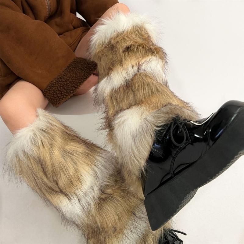 Women Harajuku Fuzzy Plush Leg Warmers Japanese JK Winter Warm Thickened Furry Boots Cover Vintage Leg Sleeve Long Socks