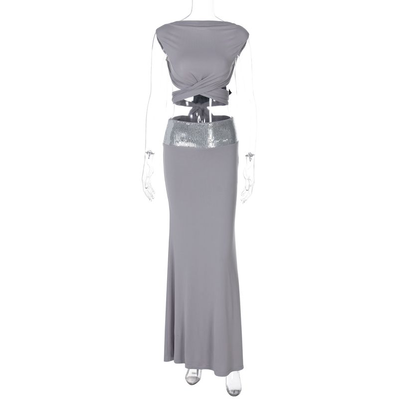 

Gusty Fashion Ins Fashion Adult Lady like Woman Wind Cross Strap Open Back Tops + Sequin Stitching Skirt Sexy Suit Grey Tops S