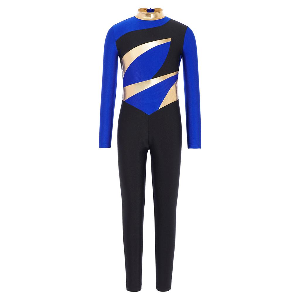 Boys Color Block Gymnastics Jumpsuit Metallic Mock Neck Long Sleeve Back Invisible Zipper Bodysuit