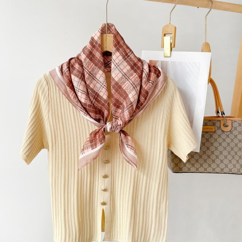 Lightweight Chiffon Silk Square Scarf Classic Plaid Check Print Bandana for Women Beach Vacation Neck Hair Headband Accessory