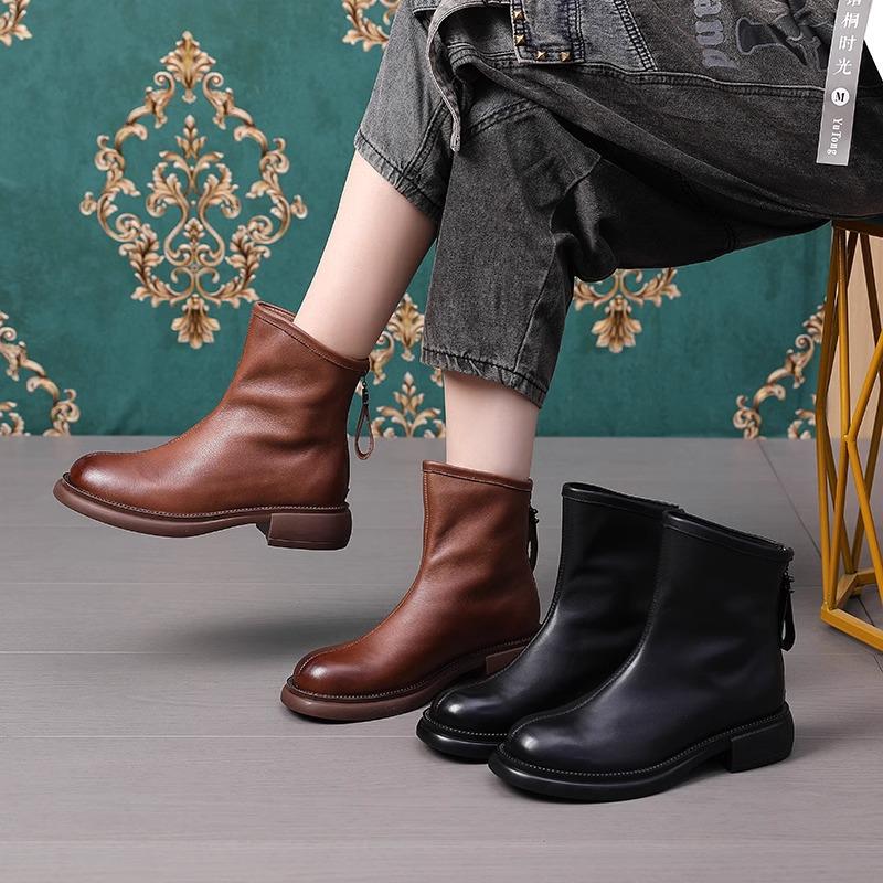 British Style Women's Genuine Leather Martin Boots, Autumn/Winter 2025 Vintage Brown, Non-Slip Fleece-Lined Flat Ankle Boots.